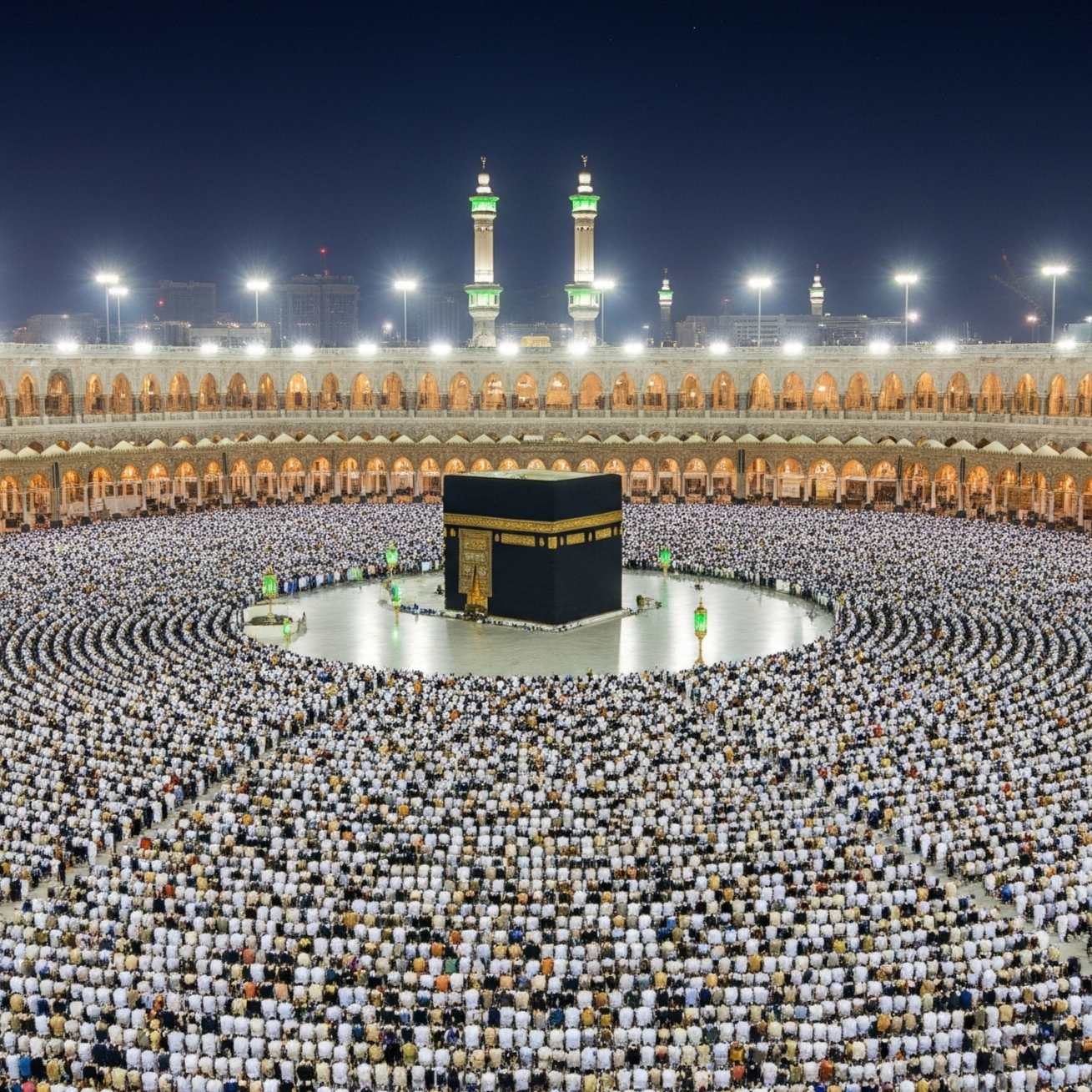 Muslim pilgrims near the Kaaba during Hajj.